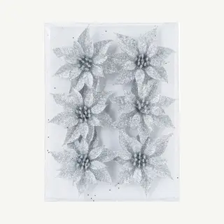 Cosy&Trendy 6x Stuks Decoratie Bloemen Rozen Zilver Glitter Op Ijzerdraad 8 Cm - Decoratiebloemen/kerstboomversiering/kerstversiering