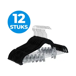 Acaza Kledinghangers - Broekhangers - Broekhangers Met Knijpers - 12 Stuks - Kleerhangers - Kledinghangers Anti Slip - Kledinghangers Zwart - Fluweel
