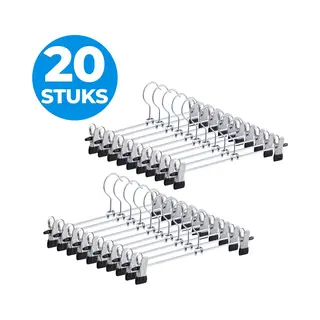 Acaza Kledinghangers - Broekhanger - Rokhangers - 40 Cm Lang - Met Knijpers - Anti Slip - 20 Stuks - Metaal - Zilver