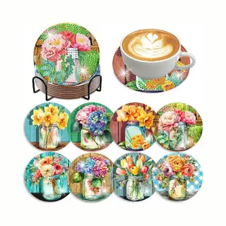 Vdtoys® Diamond Painting Voor Volwassenen - Bloemen - Onderzetters - Coasters - Onderleggers - Ronde Steentjes - 8 Stuks - Compleet Hobbypakket - Set
