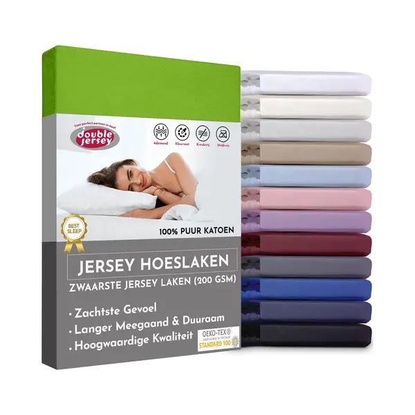 Double Jersey Hoeslaken - Hoeslaken 100x200+30 Cm - 100% Katoen Limegroen thumbnail