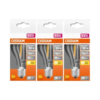 Osram Led Lamp - Classic A 60 - E27 - Filament - Helder - 7W - 806 Lumen - Warm Wit - Niet Dimbaar - Multipack 3 Stuks