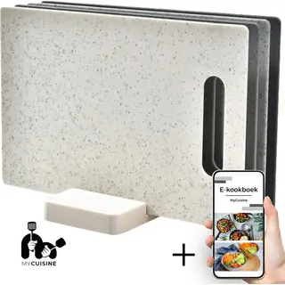 MyCuisine Snijplankenset Met Houder - Snijplanken - Klein Formaat - Modern Design - Inclusief E-Kookboek - 28 X 19 Cm - 4 Stuks