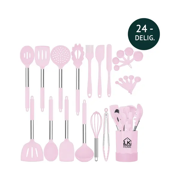 Lk Home Siliconen Keukengerei Set Met Houder - Kookgerei 24 Delig - Bpa & Plastic Vrij - Ophangbaar Roze. thumbnail