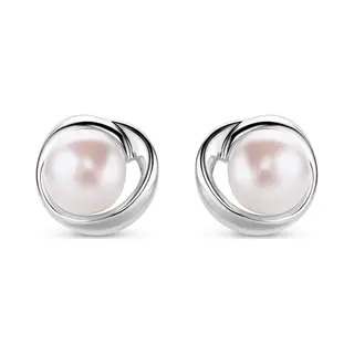 Miore Silver Earrings For Women, 925 Sterling Silver Studs Set With White Freshwater Pearls 6mm, Round Stud Earrings 9.5mm, Jewellery For Women