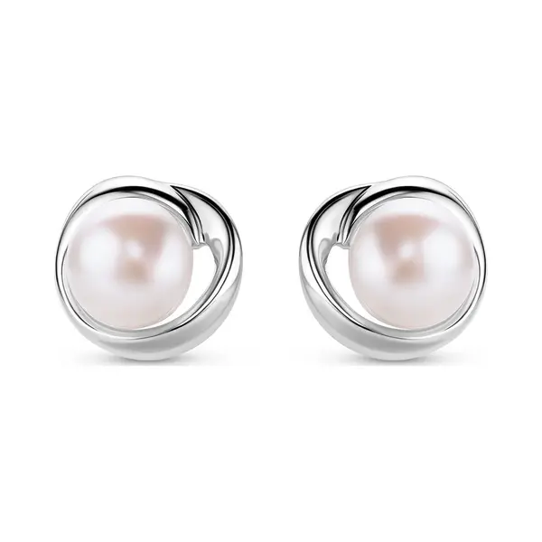 Miore Silver Earrings For Women, 925 Sterling Silver Studs Set With White Freshwater Pearls 6mm, Round Stud Earrings 9.5mm, Jewellery For Women thumbnail