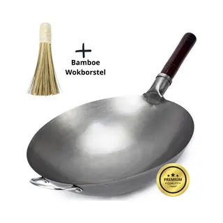 Kaamut Professionele Chinese Wokpan 36 Cm Met Ronde Bodem – Handgehamerd Koolstofstaal – Horecakwaliteit – Inclusief Bamboe Wokborstel – Houten &