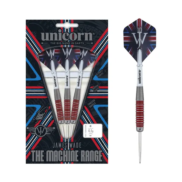 Unicorn Professional Darts Set | James 'The Machine' Wade | 90% Tungsten Barrels With Red Ring Accents | Steel Tip Volute Points | 26 G thumbnail