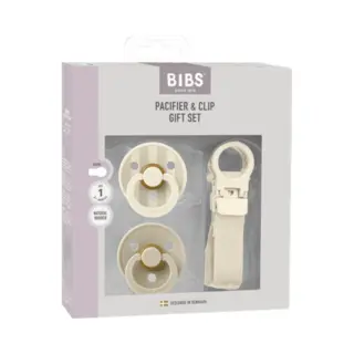 Bibs – Pacifier & Clip Gift Set – Ivory - Rond – 2 Fopspenen + Fopspeenkoord – Maat 1