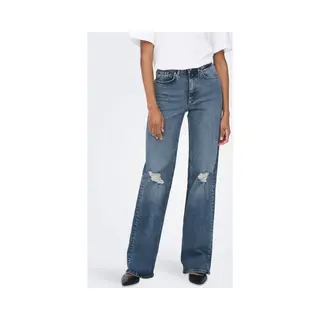 Only Damen Straight Leg Denim Jeans | High Waist Gerade Weite Schlag Hose | Wide Destroyed Pants Onljuicy, Farben, Blau, Größe, 28W / 32L, Z-Länge,
