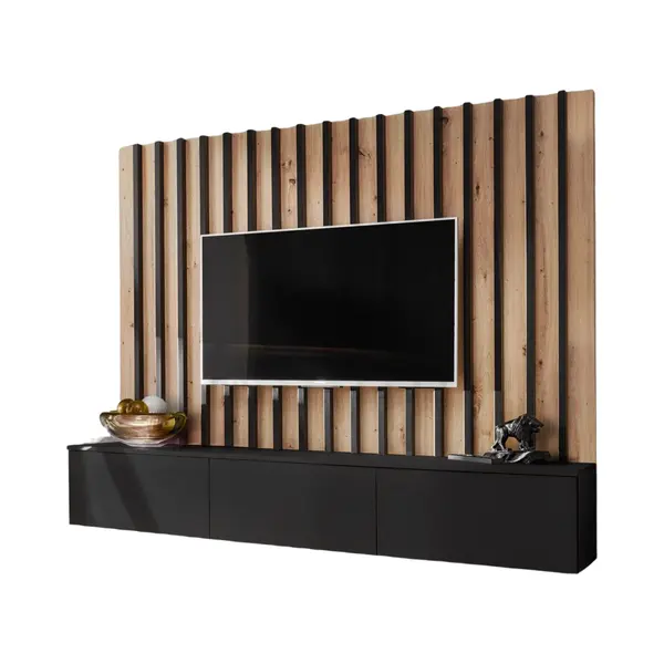 Zhpk – Tv Meubel – Lamel Wandpaneel Hout – Zwevende Kast – Zwart – Modern Scandinavisch Design thumbnail