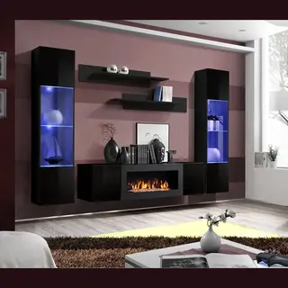Asm-Moebel Wohnwand Fly M3 Hochglanz Push-Click Mit Bio-Ethanol Kamin Led, Bio-Ethanol Kamin, Led Beleuchtung, Push-Click Und Hochglanzfronten