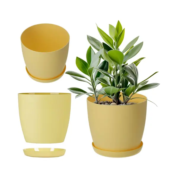 Kadax - Matte Blumentopf Mit Untersetzer, Aus Kunststoff, 12 Cm, Gelb thumbnail