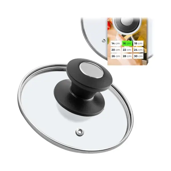 Kadax - Topfdeckel, Universaldeckel Aus Glas Mit Schwarz Und Silber Griff, 16 Cm thumbnail