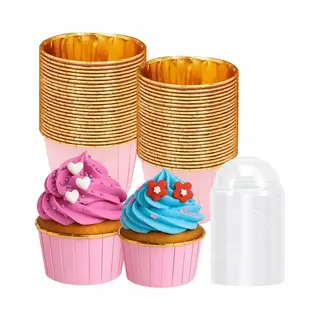orzeszku Muffin Vormpjes - 50 Stuks - Roze-Goud Design - Aluminium Voering - Met Transparante Deksels