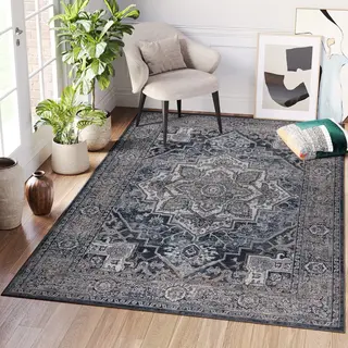 Tapiso Ritz Vloerkleed Donkergrijs Katoen Antislip Vintage Woonkamer Tapijt Maat- 240x340
