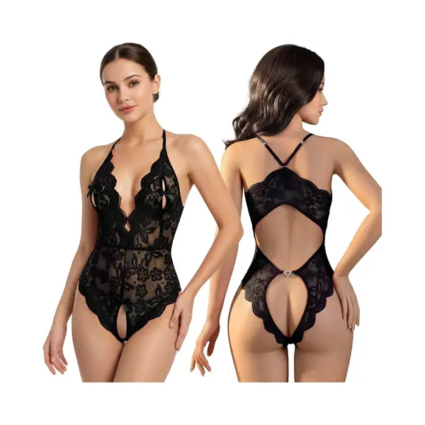 sarcia.eu Sexy Kanten Bodysuit Voor Dames – Diep Decolleté, Open Rug, Zwarte Erotische Lingerie thumbnail
