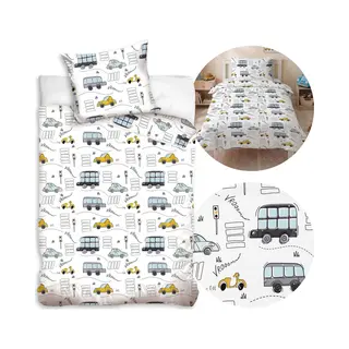 sarcia.eu Auto's, Autootjes, Wit, Dubbelzijdig, Kinderbeddengoed Met Ritssluiting, 100% Katoen 140x200cm+70x80cm Oeko-Tex