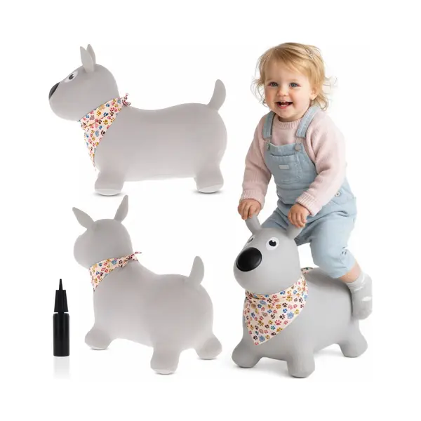 Sun Baby - Springdier Met Pomp Vanaaf 1 Jaar - Hond - Grijs Met Sjaal - Max 50kg, Duurzaam Rubber, Gecertificeerd, Bpa-vrij, Springpaard, Springhond thumbnail