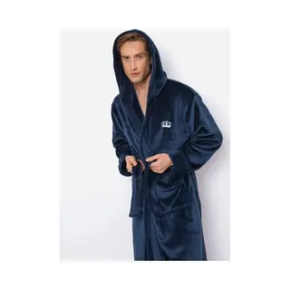 Aruelle Luxe Badjas Heren – Blauwe Badjas Met Capuchon – Borst Borduring Van Kroon - Herenbadjas Zacht – Luxury Bathrobe – 100% Fleece – Maat L