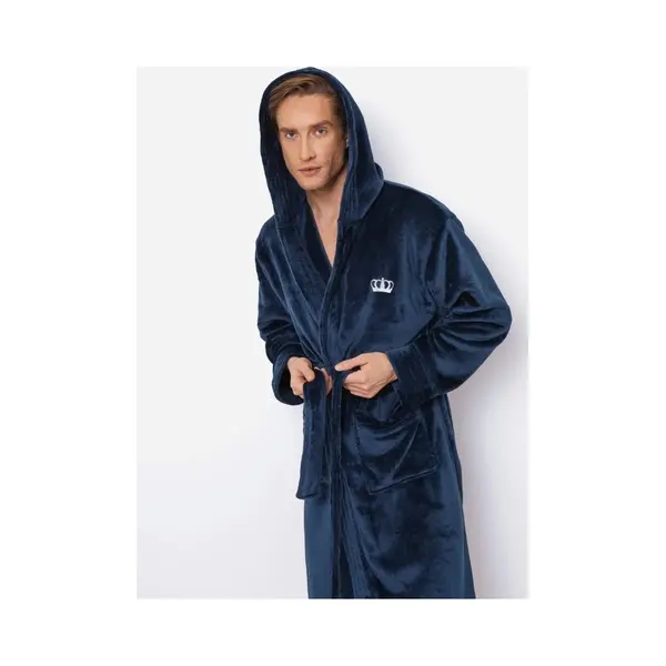 Aruelle Luxe Badjas Heren – Blauwe Badjas Met Capuchon – Borst Borduring Van Kroon - Herenbadjas Zacht – Luxury Bathrobe – 100% Fleece – Maat L thumbnail