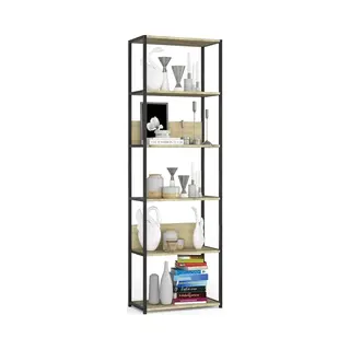 Akord Open Boekenkast, Ladderkast, Industrieel Design / Vakkenkast Met 6 Planken / Opbergplank / Boekenrek Opslagrek / Zwart - Artisan Eik / 60 X 192 X 32