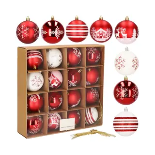 Springos Kerstballen | Kerstversiering | Onbreekbaar | 16 Stuks | 8 Cm | Rood/Wit