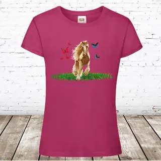 T Shirt Paard Met Vlinders -Fruit Of The Loom-134/140-t-shirts Meisjes