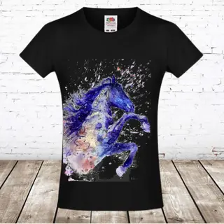 T Shirt Paard Inktverf Zwart -Fruit Of The Loom-122/128-t-shirts Meisjes