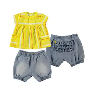 B.e.s.s. Bess - Kledingset - 2delig - Short Jogdenim Light Wash - Blouse Geel Wit Rood - Maat 50