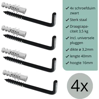 leathergoodz Schroefduimen Zwart - 4 Stuks - 40mm X 16mm X ø3, 2mm (schroef Haak - Schroef Duim - Ophang Haak - Wand Haak)