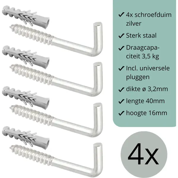 leathergoodz Schroefduimen Zilver - 4 Stuks - 40mm X 16mm X ø3, 2mm (schroef Haak - Schroef Duim - Ophang Haak - Wand Haak) thumbnail
