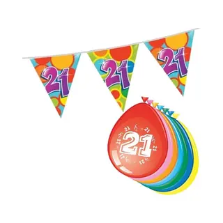J-Martens feestwinkel 21 Jaar Feest Versiering Pakket Vlaggenlijn En Ballonnen Set.