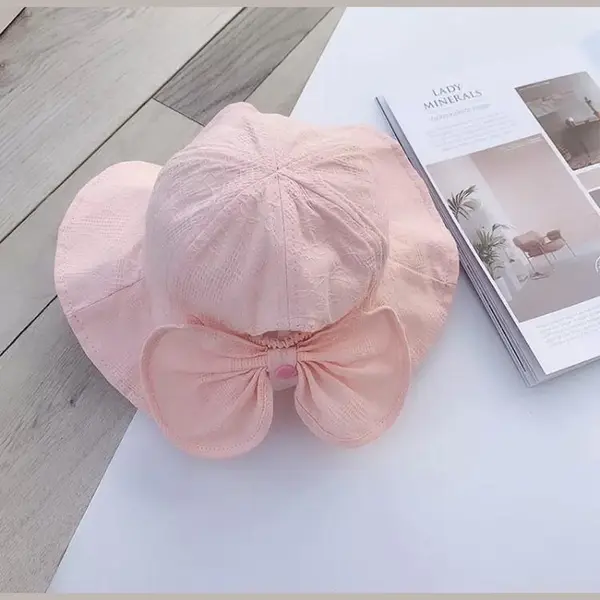 Schattige Vakantie Zonnehoed Lichtrose Motief – Grote Strik Aan Achterkant | Baby – Peuter – Kinderen | 0 - 3 Jaar | Uv Werend | Rekbaar - Brede thumbnail