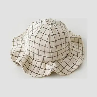 Schattige Vakantie Zonnehoedje Linnen Look – Creme / Naturel / Beige Met Bruine Ruit | 0 – 18 Maanden | Baby – Kind | Uv Werend | Elastiek –