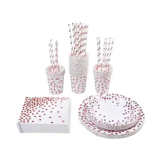 LaCardia Wegwerpservies Set - Kartonnen Borden En Bekers - Feestservies Voor Kind Feest - Wegwerpborden En Wegwerpbekers - Voor 25 Gasten - Wit Rosé