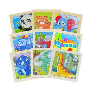 Arts Enterprise Kinderpuzzel Hout - Puzzel 9 Stukjes - 9 Puzzels - Puzzel Voor Peuter - Houten Puzzel - Dieren - Auto - Dinosaurus - Kinderspeelgoed - Uitdeelcadeaus