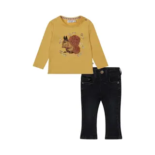 Dirkje - Kledingset - 2 Delig - Meisjes - Flaired Blue Jeans - T-shirt Ls Okergeel Met Eekhoorn - Maat 92