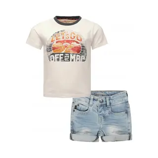 Koko Noko - Noppies - Kledingset - 2DELIG - Broek Jeans Short Blauw - Shirt Garissa Antique White - Maat 128