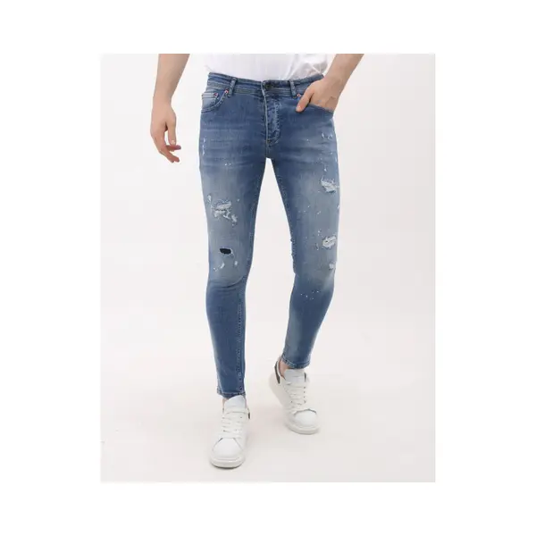 Mario Morato Jeans Heren - Spijkerbroek Heren Volwassenen - Heren Jeans Slim Fit - Ripped En Stretch Jeans Met Verfspatten - Mm-S-106 - Blauw thumbnail