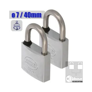 Amig Hangslot Met Dezelfde Sleutel - Ø7 / 40x70mm – Rvs Aisi 316 - Gelijksluitend – Marine Kwaliteit – Geweldige Bouwkwaliteit – Set 2 Stuks