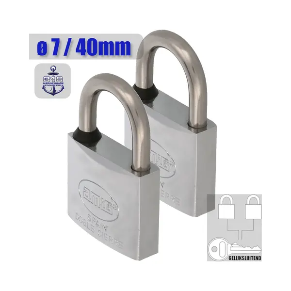 Amig Hangslot Met Dezelfde Sleutel - Ø7 / 40x70mm – Rvs Aisi 316 - Gelijksluitend – Marine Kwaliteit – Geweldige Bouwkwaliteit – Set 2 Stuks thumbnail
