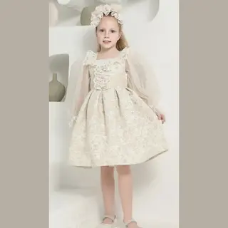 Vintage Feestjurk Met Haardiadeem-galajurk- Jurk Met Lange Mouwen-meisjes-bruiloft-fotoshoot-verjaardag-bloemenmotiefjes-kanten-borduursel-beige