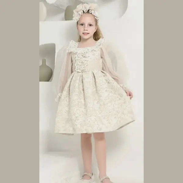 Vintage Feestjurk Met Haardiadeem-galajurk- Jurk Met Lange Mouwen-meisjes-bruiloft-fotoshoot-verjaardag-bloemenmotiefjes-kanten-borduursel-beige thumbnail