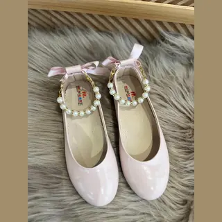 Meisjesschoenen-luxe Feestschoenen- Leren Ballerina's- Poederroze Kleur - Vintage Stijl-sierstrik
