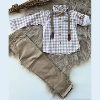Luxe Vierdelige Katoenen Set-4 Delig Kinderpak- Wit Beige Geruit Overhemd, Verstelbare Bretels En Vlinderdas- Kostuumbroek (beige),