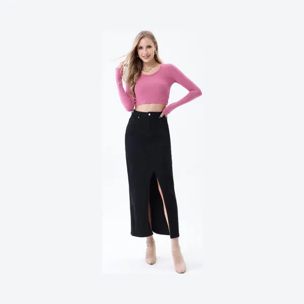 Lange Jeans Rok, Zwart, Maat 36 thumbnail
