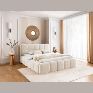 Geen merk. Bed Sorano- 180X200- Boxspring Bed Met Opbergruimte- Zonder Matras- Beige Taupe Teddy Bouclé Stof