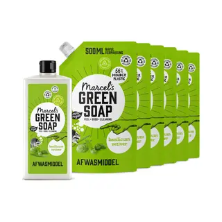 Marcel's Green Soap Afwasmiddel Basilicum&Vertivert Gras + 6 Navullingen Pakket