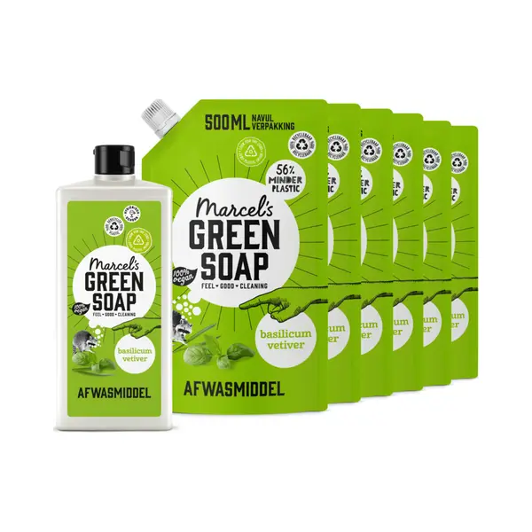 Marcel's Green Soap Afwasmiddel Basilicum&Vertivert Gras + 6 Navullingen Pakket thumbnail